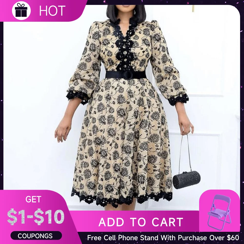 

Women's Dress 2023 New Fashion Summer Office Dress Three Quarter Sleeve Lace Oversize Dress Fashion Print Casual Female Clothes