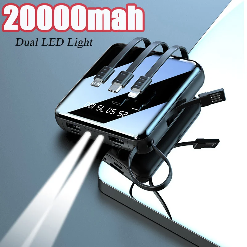 

20000mAh Mini Power Bank for iPhone/Xiaomi/Samsung/Huawei Powerbank with Cable Portable Charger External Battery Pack Power Bank