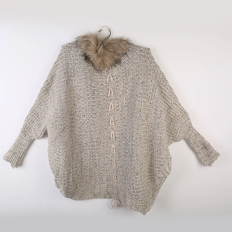 

Fashion Women Winter Cardigan Thick Poncho Capes Pull Autumn Knitted Fur Collar Wool Sweater Jacket Bat Sleeve Coat Best Sale-WT