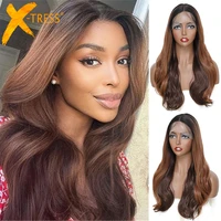 body wave ombre brown colored lace front wigs for black women x tress natural wavy synthetic hair wig with baby hair daily wear