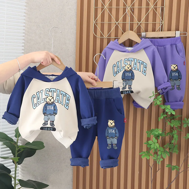 

Корейский Осенний комплект детской одежды из 2 предметов для девочек, толстовка с капюшоном и мультяшным медведем, спортивные штаны, спортивный костюм, наряды для маленьких девочек, 2023