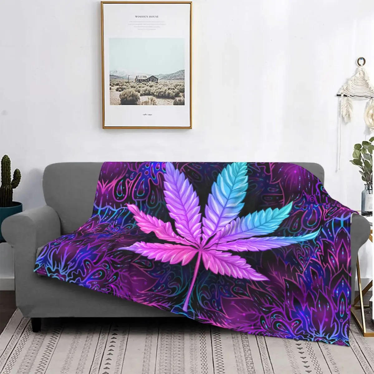 

Neon Cannabis Leaves Knitted Blankets Fleece Marijuana Weed Leaf Ultra-Soft Throw Blanket for Bed Bed Rug