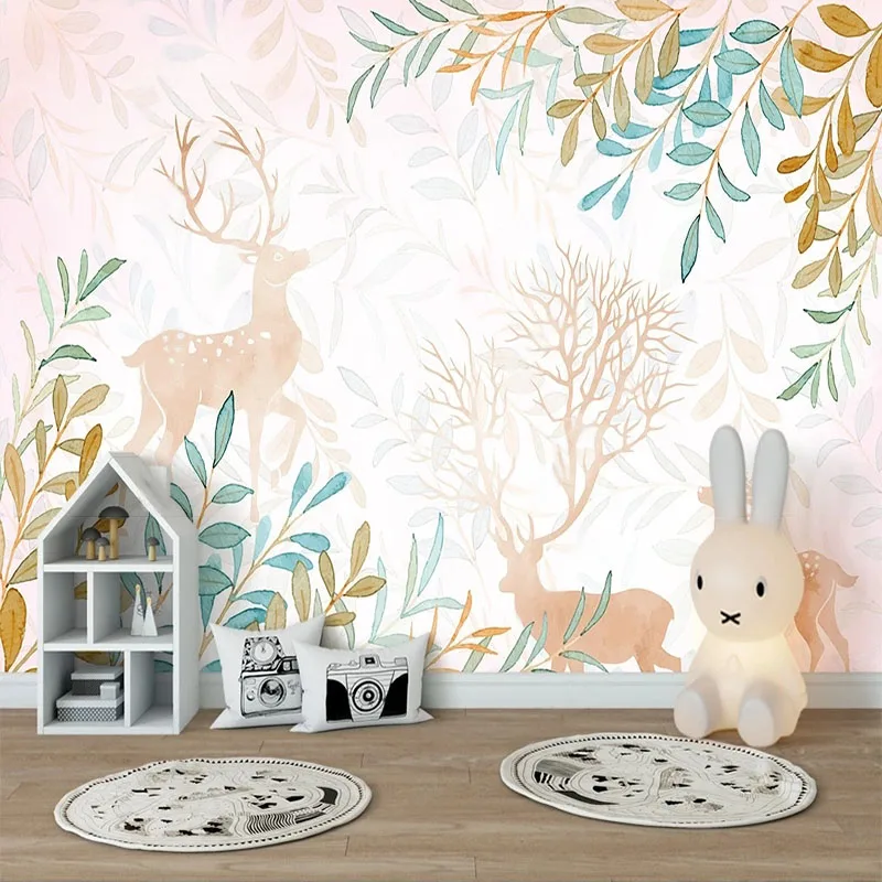 

Custom 3D Modern Minimalist Watercolor Plants And Flowers Elk Children's Wallpaper For Bedroom Walls Papel De Parede Home Décor