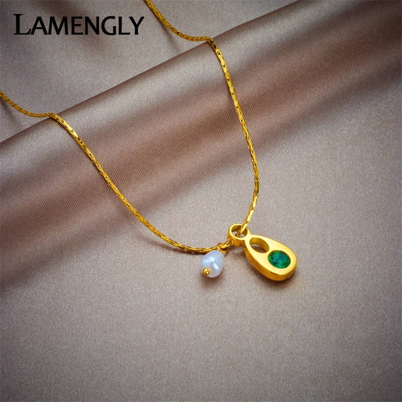 

LAMENGLY 316L Stainless Steel Waterdrop Green Crystal Pearl Pendant Necklace For Women New Fashion Girls Chain Jewelry Gifts