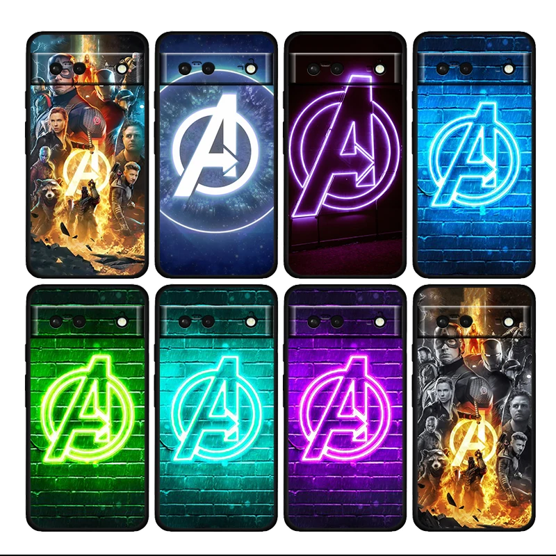 

Avengers Glowing Logo Shockproof Cover for Google Pixel 7 6 Pro 6a 5 5a 4 4a XL 5G Black Phone Case Shell Soft Coque Capa Cover