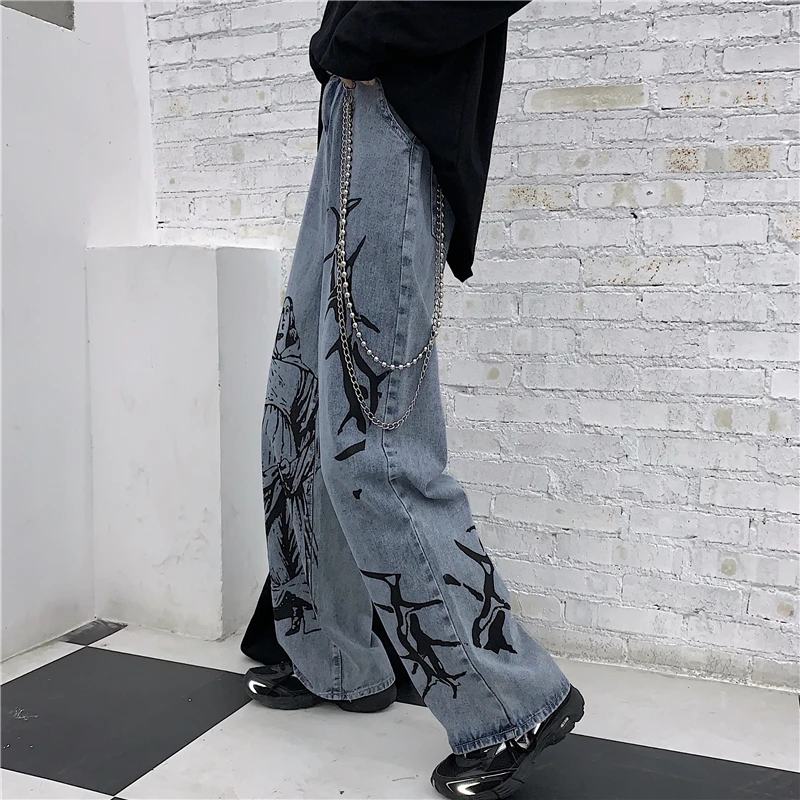 

QNPQYX 2021 New Summer Fashion Pants Ins Street Hip-hop Printing Wash Jeans Loose Casual Denim Wide Leg Pants Tide Woman