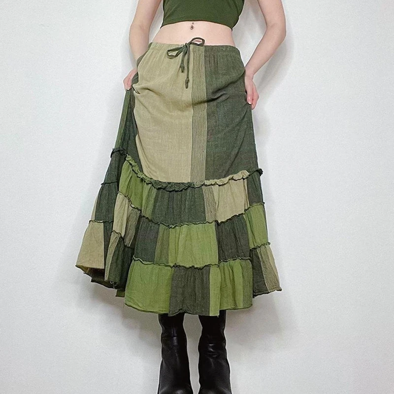 

Y2K Retro Green Patchwork Midi Skirt Korean High Waist Loose Pleated Skirt 90s Vintage Aesthetic Streetwear Chic Women Clothes