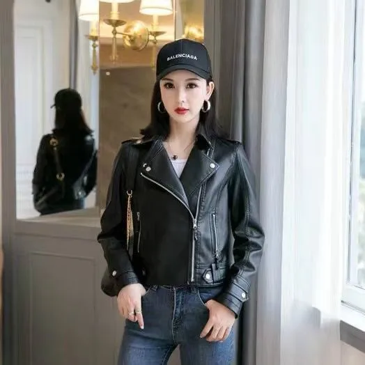 2022 Fashion Spring And Autumn Women's Short Leather Jacket Full Fit Women's Leather Jacket Solid Color Women's Leather Jacket