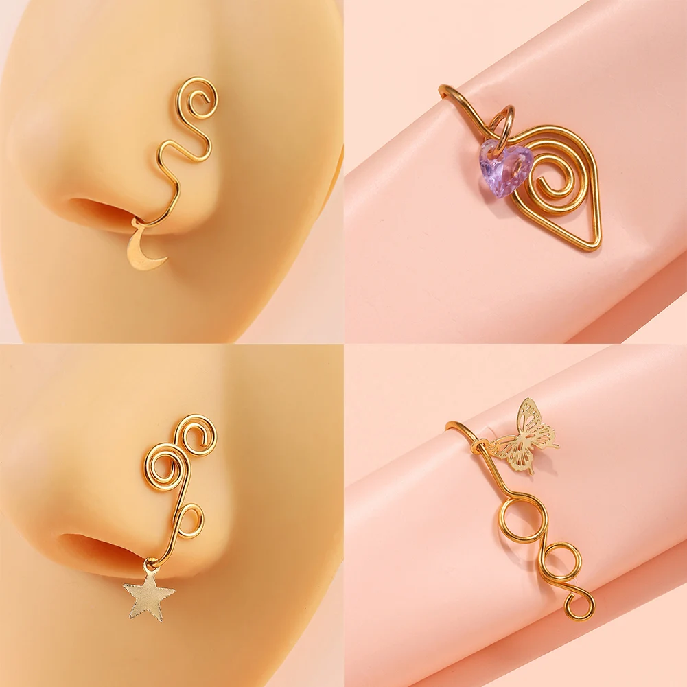 

Nose Ring 1pcs Copper Wire Spiral Fake Piercing Nose Ring Gold Color Star Clip Nose Ring Also Can Be Ear Clip Cuff Jewelry