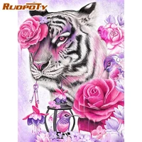 ruopoty crystal diamond painting frame 5d embroidery tiger with flower cross stitch crafts wall decor mosaic art set gift animal