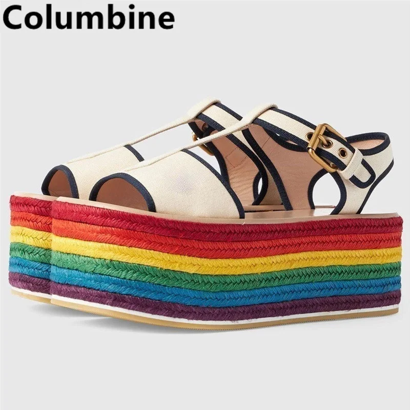 Women Rainbow Boost Platform Espadarille Sandals Open Buckle Nylon Strap Flats Casual Mixed Colors Graffiti Fashion Sewing Shoes