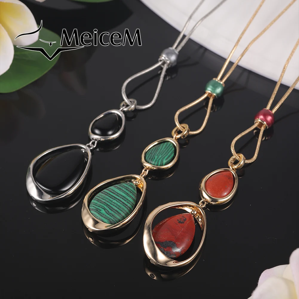 

MeiceM Luxurious Rhinestone Inlaid Zinc Alloy Long Pendant Necklace Large Geometric Necklace For Women Girls Holiday Gift