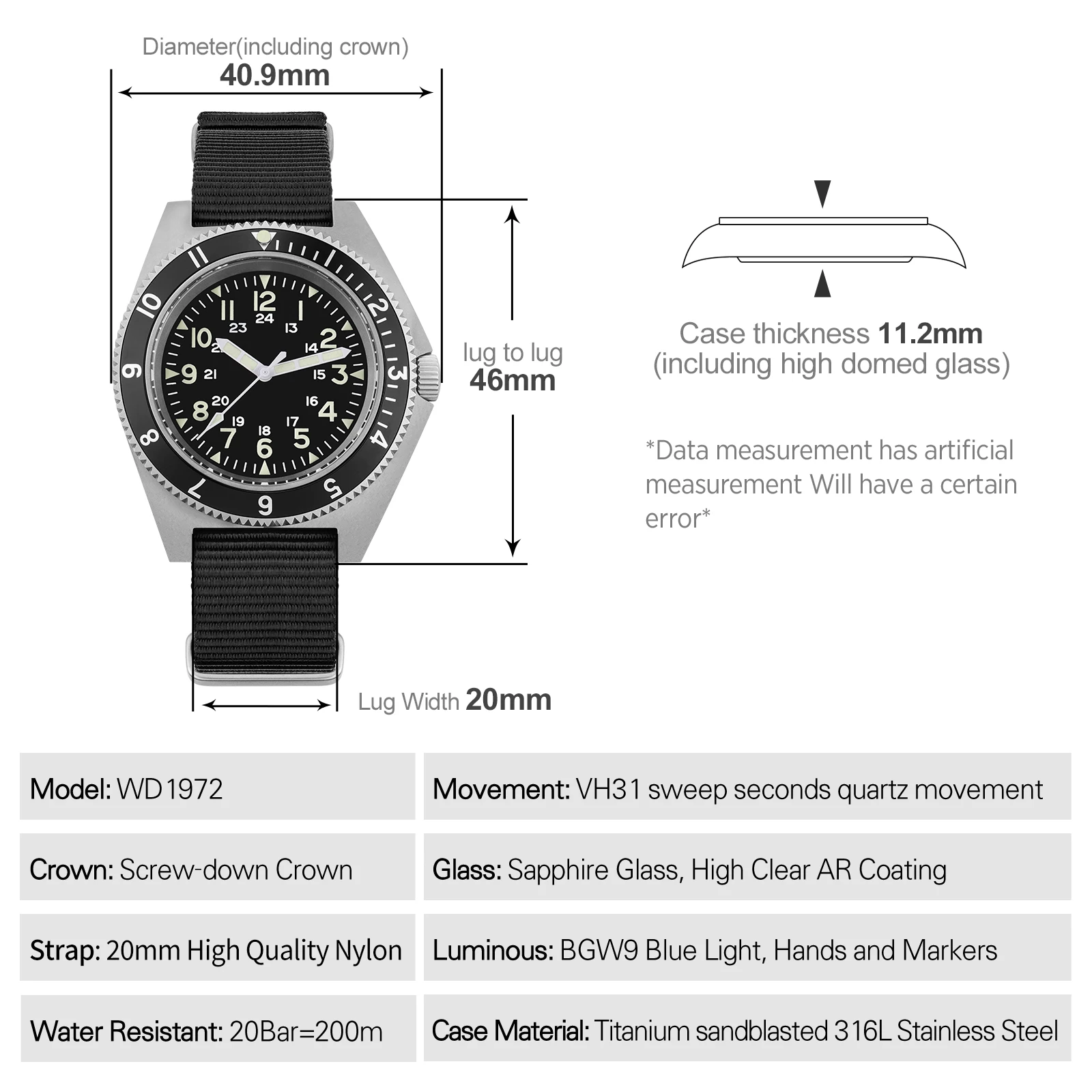 Фото Watchdives WD1972 Кварцевые часы VH31 Sweep Seconds Механизм Сапфировое стекло BGW9 Светящиеся 20 бар Водонепроницаемые винтажные мужские часы №2