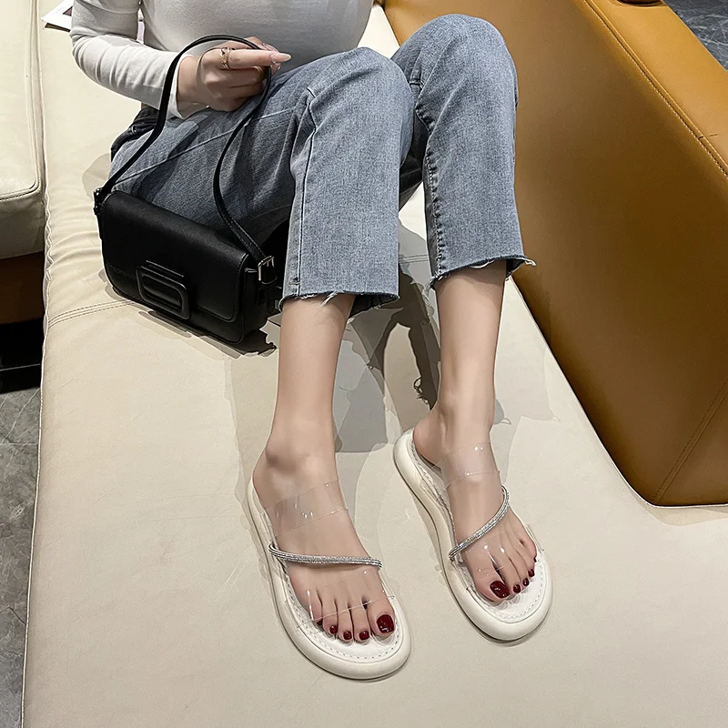 2023 Summer New Round Toe Open Toe Rhinestone Transparent Sexy Women's Slippers for Wearing Comfortable Single Shoe Women
