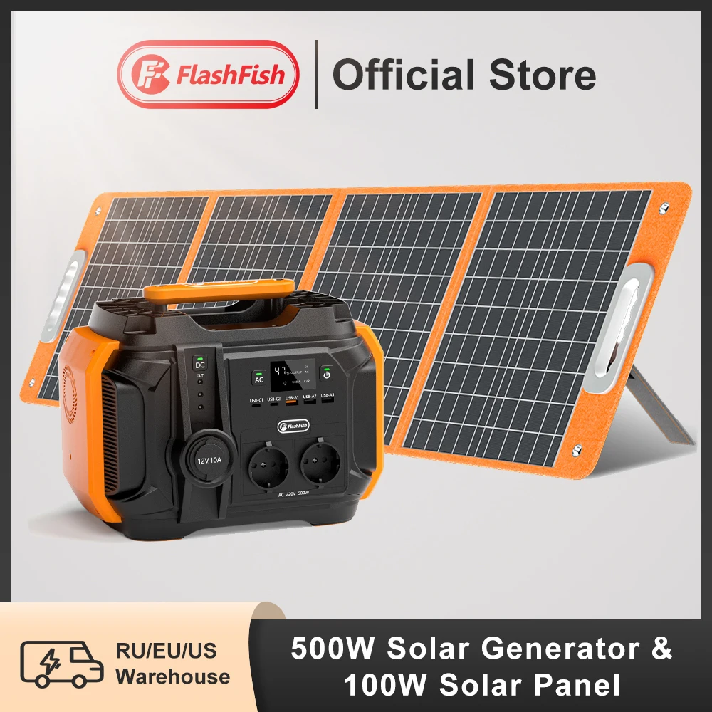 

FF Flashfish A501 Portable Power Station 540Wh 500W Pure Sine Wave Solar Generator with 100W Solar Panel Complete Kit System Set