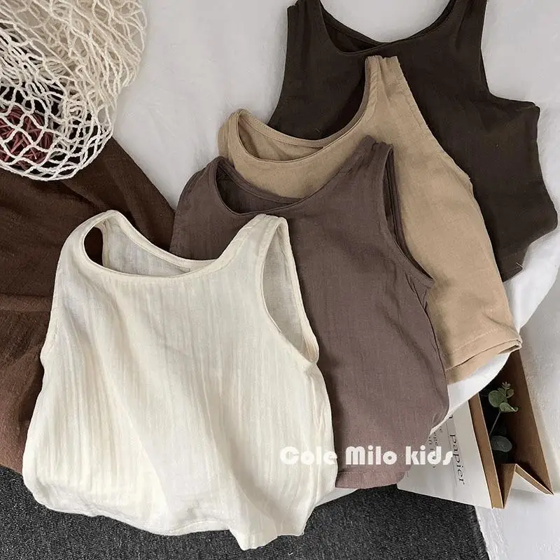 Kids Boys Girls Linen Camis 2023 New Children Summer Sleeveless Casual Tops Retro Simplicity Vest Korean Style Cotton Tops