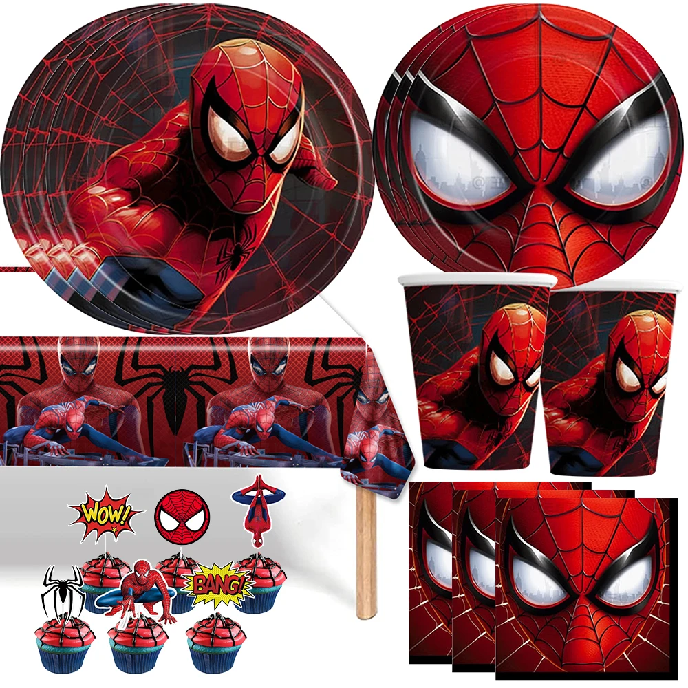 

Spiderman Birthday Party Decoration Include Paper Cup Plate Napkin Tablecloth Banner Balloon Cake Topper for Kid Boy Baby Shower