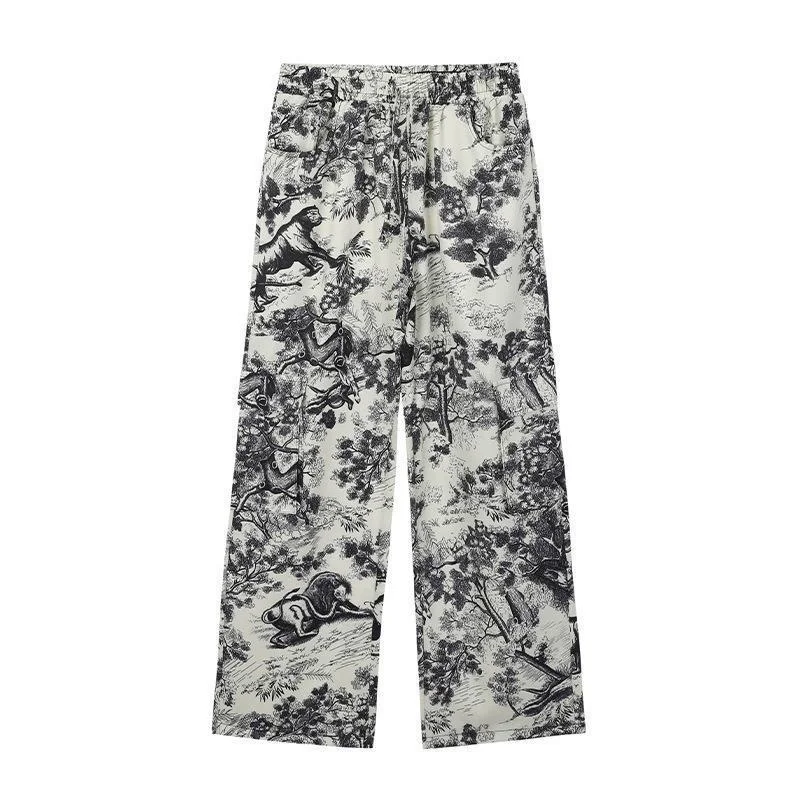 

Ink Print Harajuku Vintage Streetwear Corset Wide Leg Pants Loose Casual Slim Straight Sweatpants Women