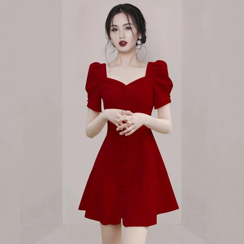 

High Quality Women Elegant Dress Summer High Waist Short Sleeve Wedding Cocktail Party Robe Female Vintage Mini Dress Vestidos