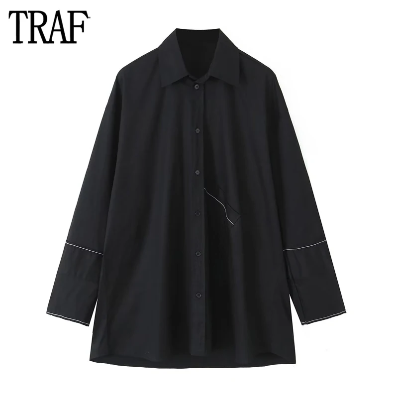 

TRAF 2023 Oversized Shirt Woman Black Button up Long Shirts for Women Collared Shirts and Blouses Women Long Sleeve Women Shirts