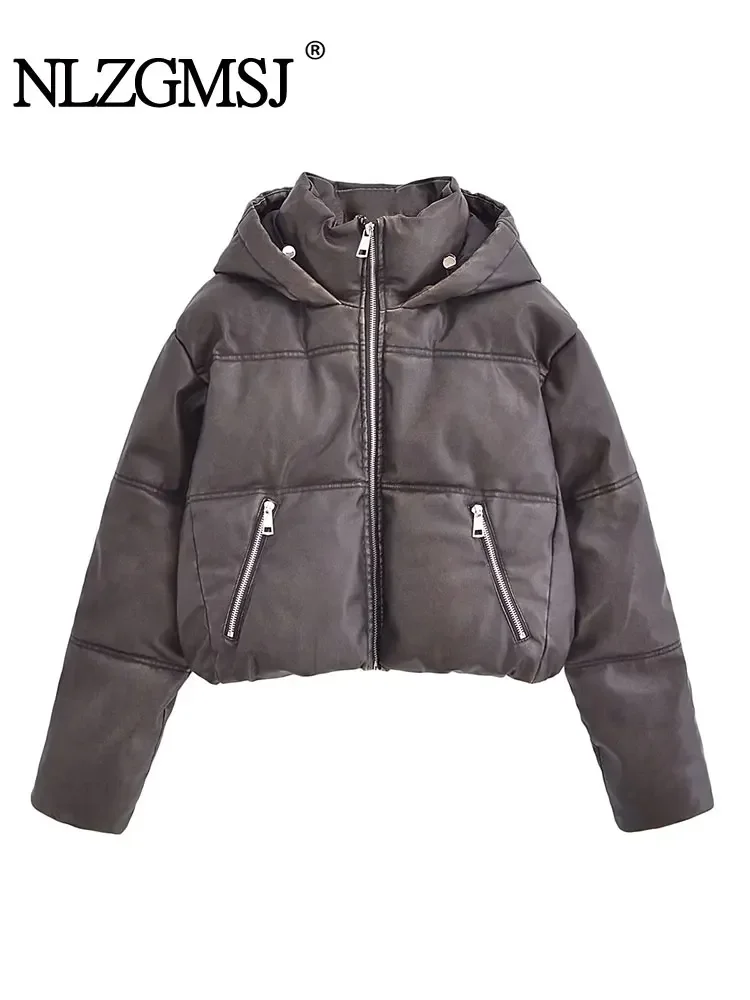 Женская парка с капюшоном Nlzgmsj TRAF 2024 из мытой кожи хлопковая куртка пальто на