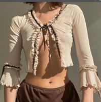 dourbesty y2k ruffles fairy crop top vintage aesthetic women lace up long flared sleeve t shirt 2000s grunge clothes streetwear