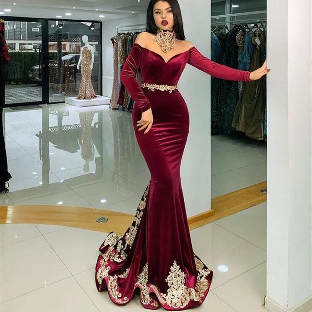 

Burgundy Velvet Mermaid Prom Dresses with Applique Long Sleeves Cocktail Party Bride Evening Wear Zipper Back Robe De Marrige