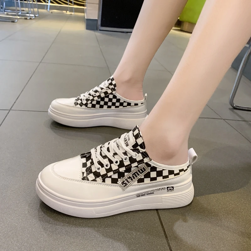 Women's Sports Shoes Checkerboard Pattern Baotou Half Slippers 2023 Summer New Thick Soled Women's Casual Shoes Vulcanized Shoes