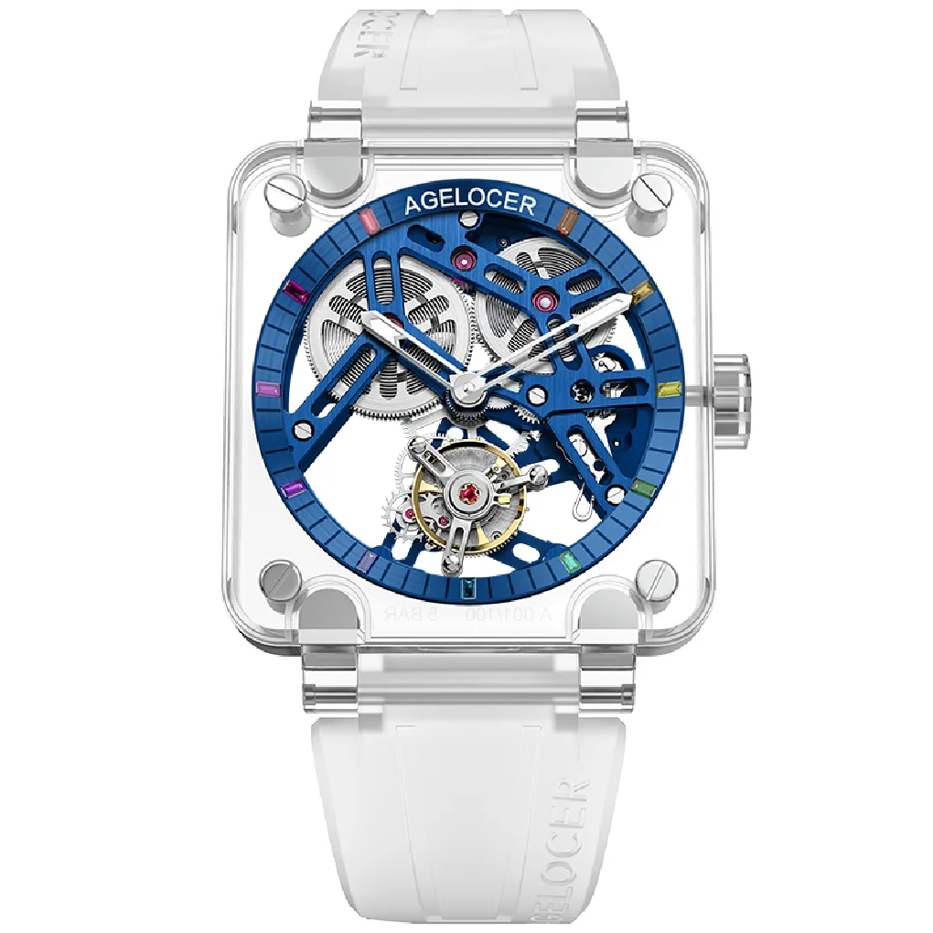 

AGELOCER Original Brand Real Tourbillon Watches Sports Men Blue Skeleton Full Sapphire Gems Case Mechanical Wristwatch