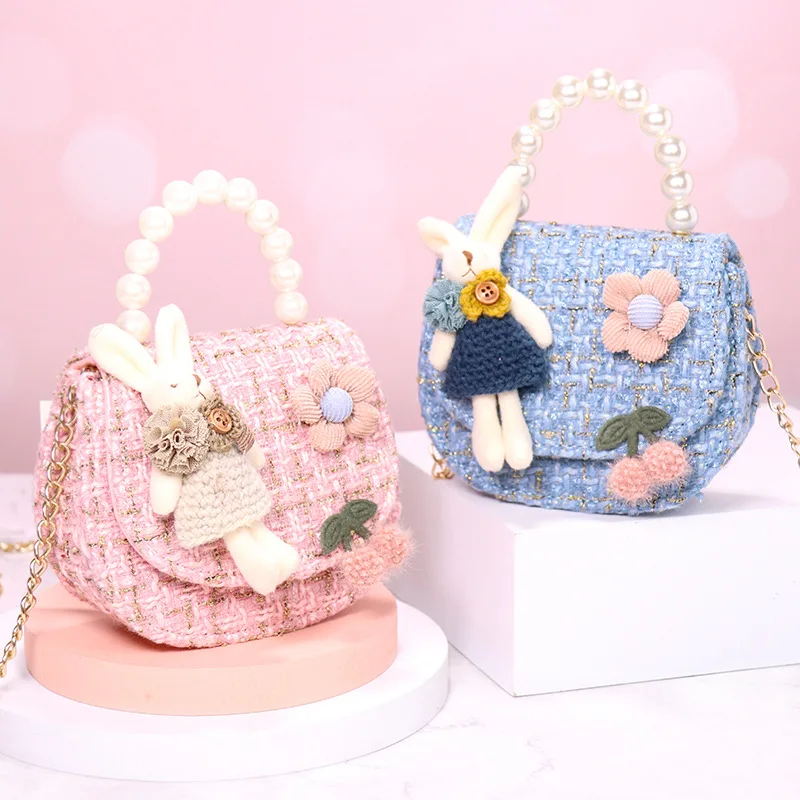 

Girl's Crossbody Bag Flower Pearl Handbag Bow-knot Rabbit Shoulder Pocket Coin Purse Kids Princess Messenger Bag Birthday Gift