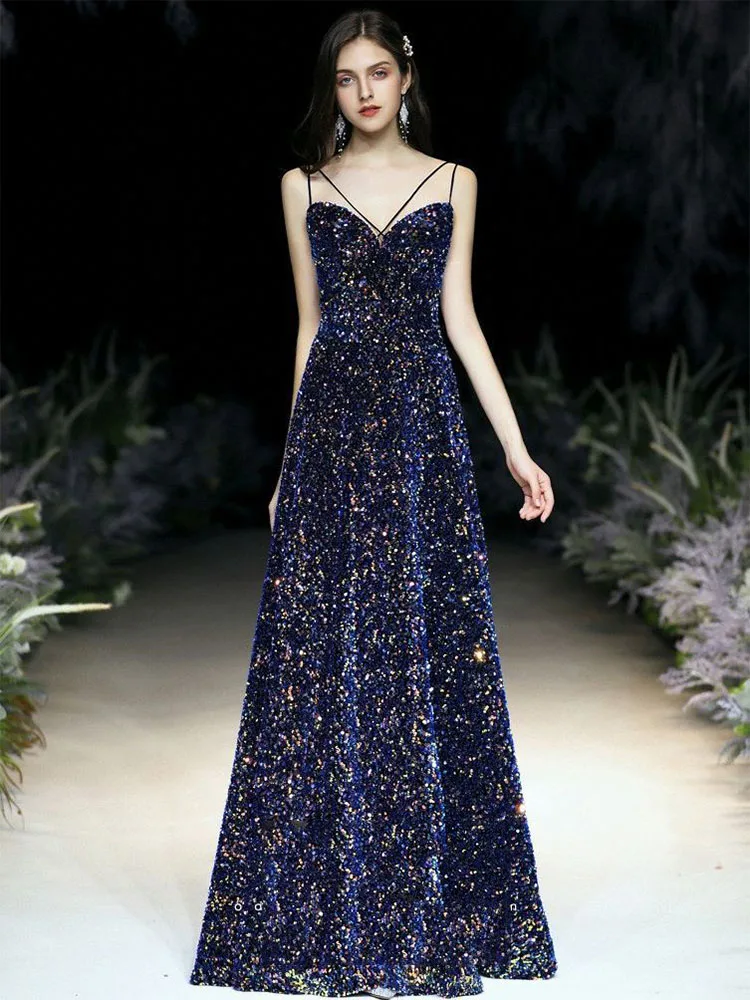 

2022 New Spaghetti Strap Evening Dresses Sexy Sleeveless Backless Robe De Soirée De Mariage Sequin Formal Prom Gowns