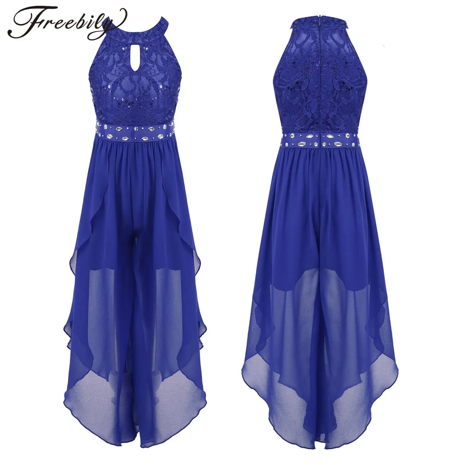 

Kids Girls Royal Blue Chiffon with Glittered Beads Sleeveless Party Dress Jumpsuit O-neck Lace Bodice Dancing Dress Daily Wears