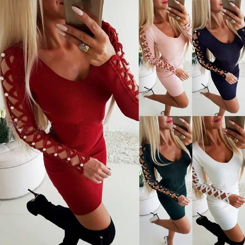 

2022 Fashion New Autumn and Winter Women's Hot Sale Slim Dress Ladies Hook Flower Hollow Bead Sexy Bag Hip Long Sleeve Dress