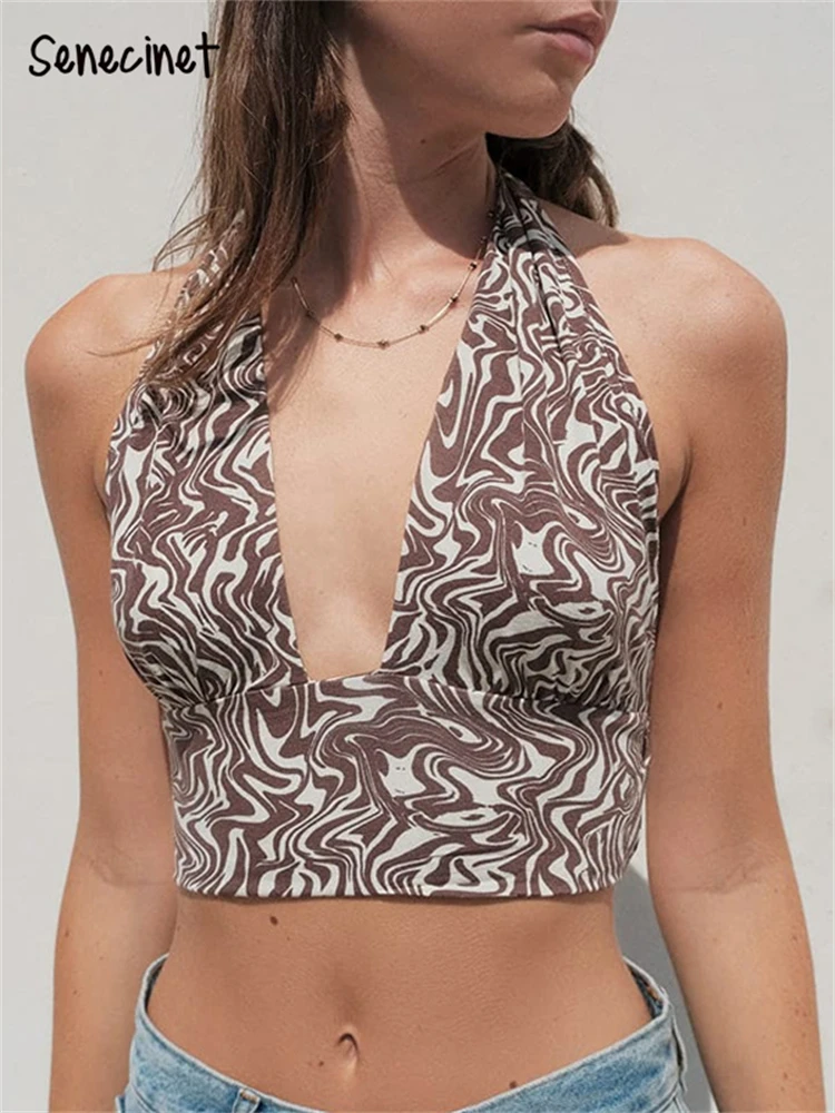 

Women Backless Print Crop Tops Sexy Sleeveless Deep V Neck Lace Up Halter Tank Top Fashion Streetwear Skinny Summer Shirts 2022