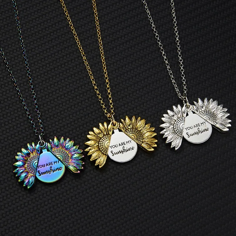 

You Are My Sunshine Sunflower Necklace Open Lettering Double Sided Pendant Necklace Fashion Ladies Jewelry Gift