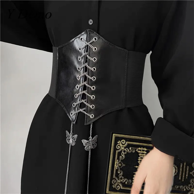 Y Demo Gothic Chic Butterfly Chains Drawstring Waist Cummerbunds Women Sexy Casual Stretchy Dress Belt