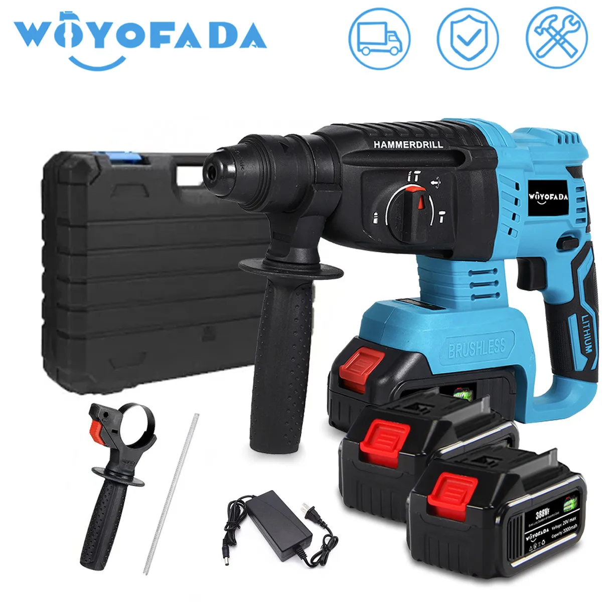 WOYOFADA 18V 4 Functions Electric Cordless Rotary Hammer Drill Rechargeable Hammer 27mm Impact Drilll For Makita 18V Battery