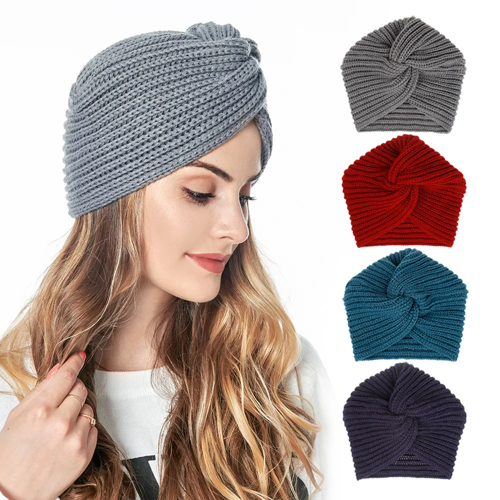 

2022 Women's Knitted Turban Hat Bohemia Cashmere Cross Wrap Head Lndian Wool Bonnet Turbante Cap Beanies