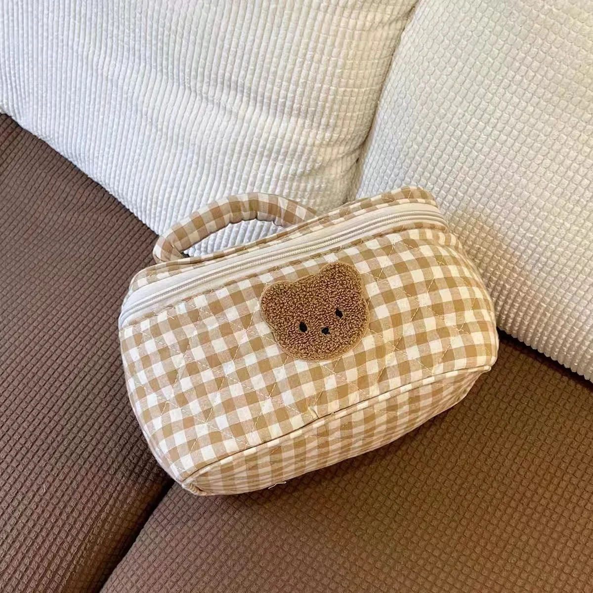 Косметичка Kawaii в клетку с медведем Корейская Милая косметичка стиле INS для