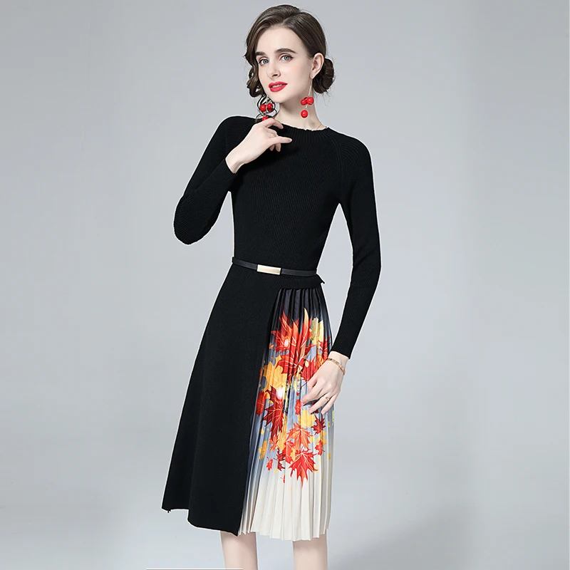 

Women Winter Designer Elegant Sweater Dress Lady Office Party Robe Femme Vintage Knitted Patchwork Print Pleated Dress Vestidos