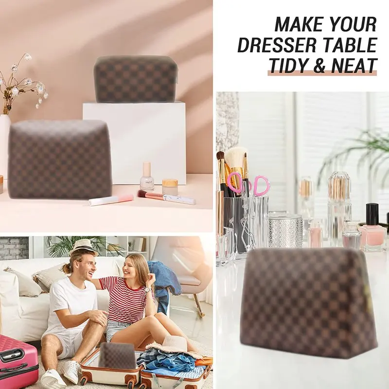 Checkered Makeup Bag,  2Pcs Travel Cosmetic Bags, Portable Toiletry Organizer for Women, Lightweight and Waterproof Leather Toil