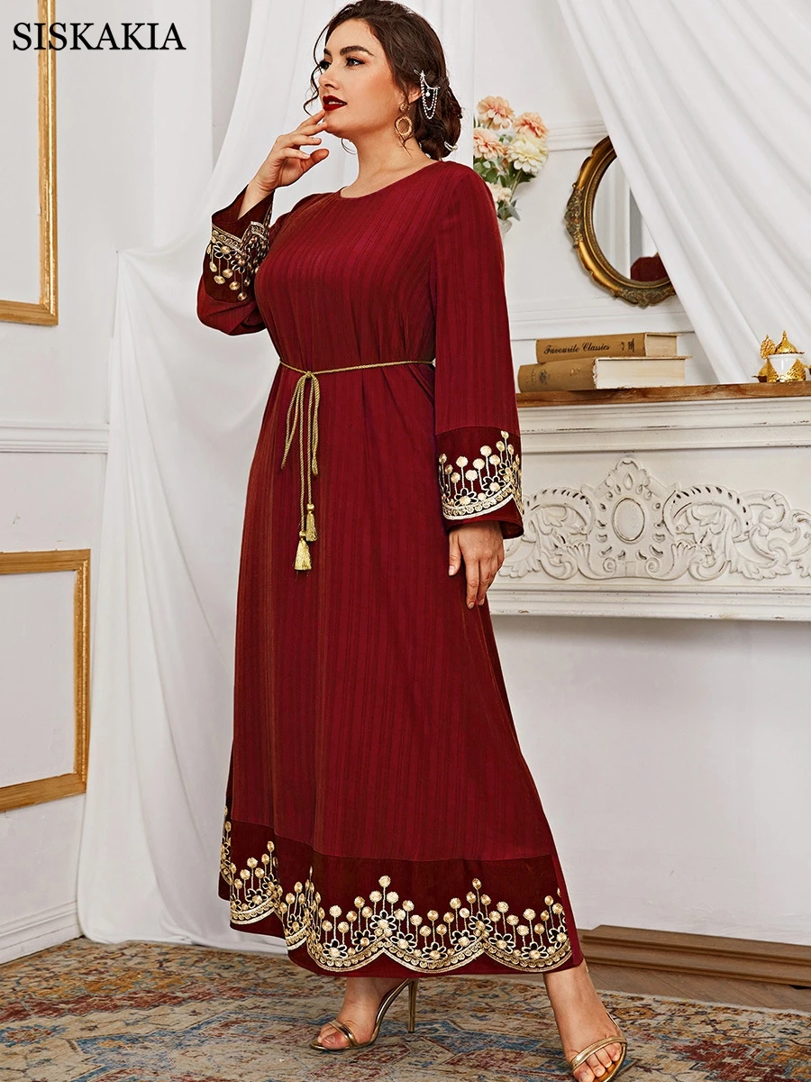 

Dress Plus Size Women Urban Casual Long Sleeve Ethnic Vintage Lace Embroidery Sequined Robe Muslim Feminine Clothes With Belt