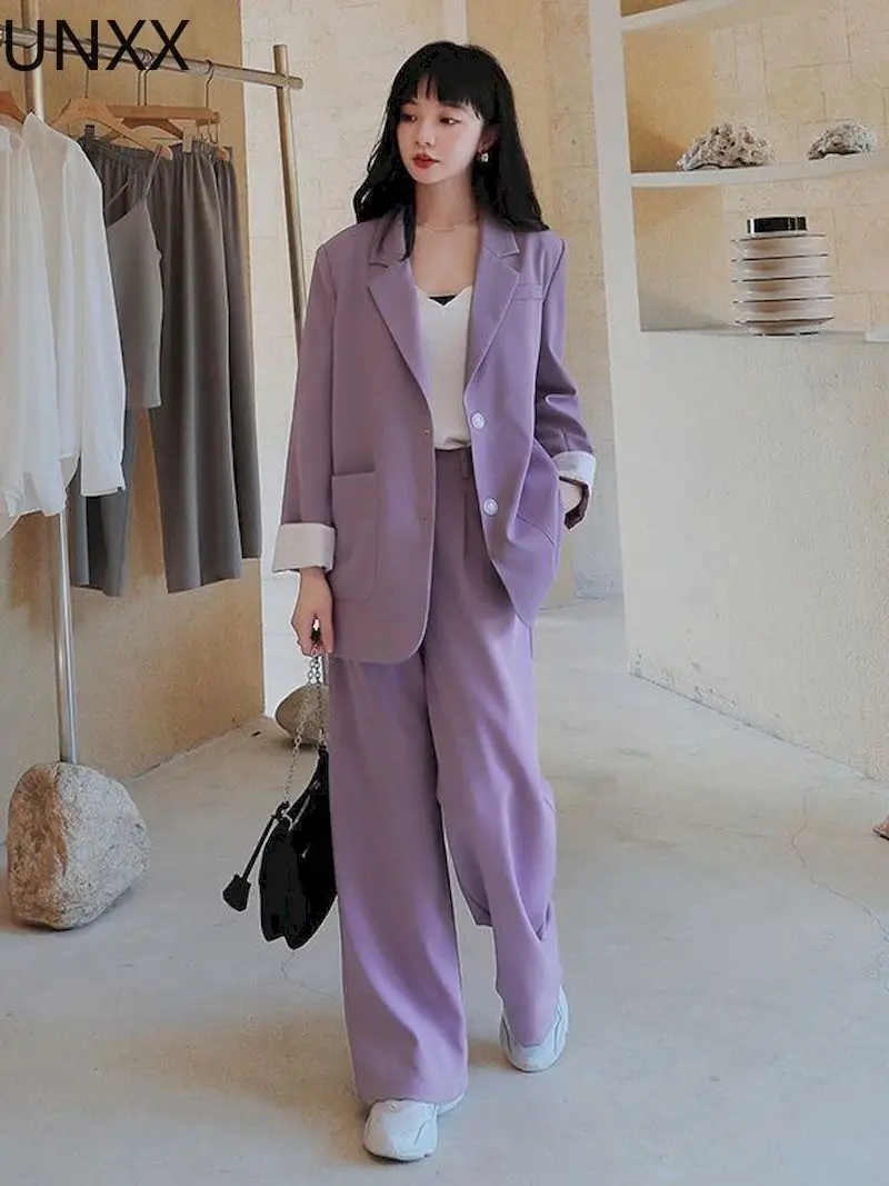 

Весенне-летний фиолетовый женский костюм UNXX, официальный женский однотонный блейзер с лацканами, Женский Повседневный Блейзер + брюки с шир...