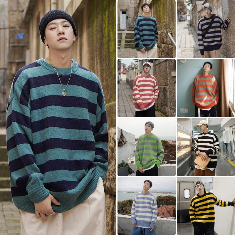 

NoestaMal Stripe Round Neck Men Sweaters Autumn Winter Unisex Loose Korean Clothing Harajuku Man Women Knitted Tops