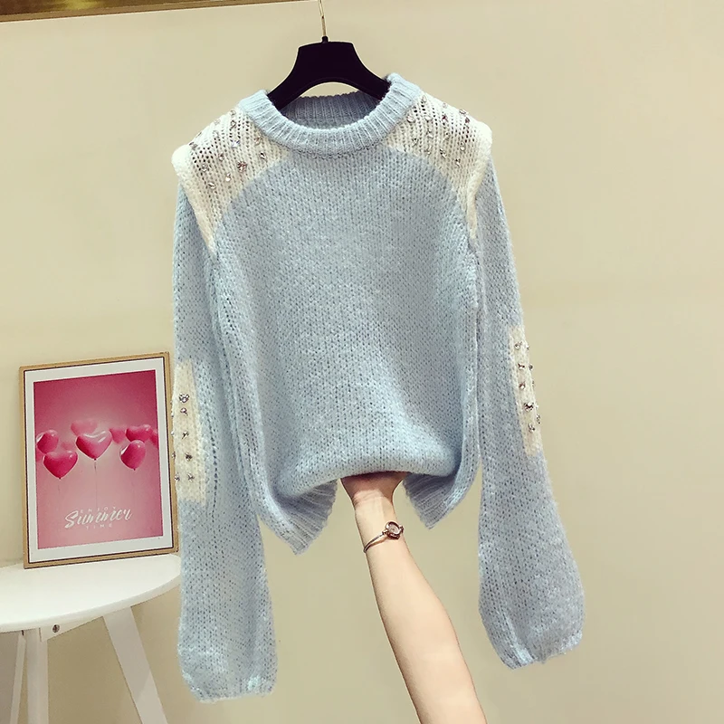 

2021 Autumn Winter New Heavy Sequins Contrast Color Knitwear Women's Loose Puff Sleeve Sweaters Fashion Knitting Coat Outwear