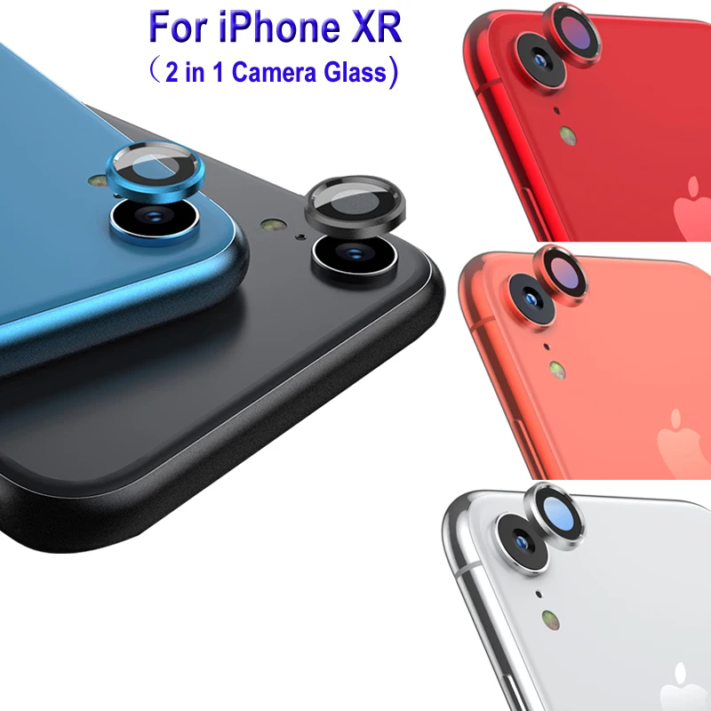 6D Camera Lens Tempered Glass for iPhone XR Metal Protection Ring Case + Front HD Clear Glass Screen Protector Film Black Red
