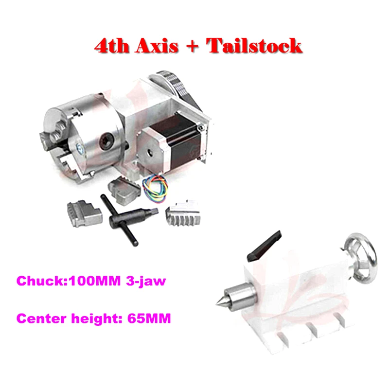 

CNC 4th Rotary Axis And Tailstock 3 Jaw Chuck 65mm Center Height CNC 4th Axis Rotary Table Two Phase 57 Stepper Motor Tailstock