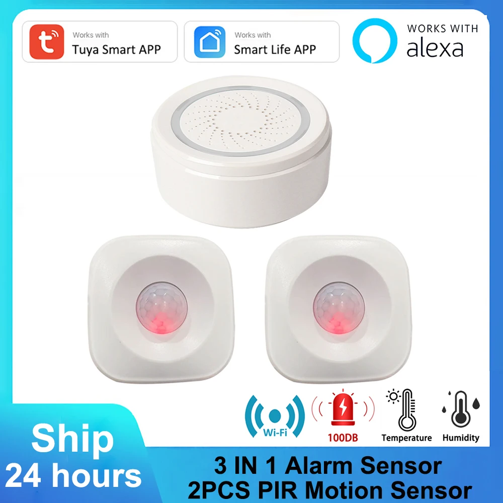 

Tuya WiFi PIR Motion Sensor Linkage 3 IN 1 Siren Sound Alarm 100DB Siren Woks Alexa Google Home Security Alert System Smart Life