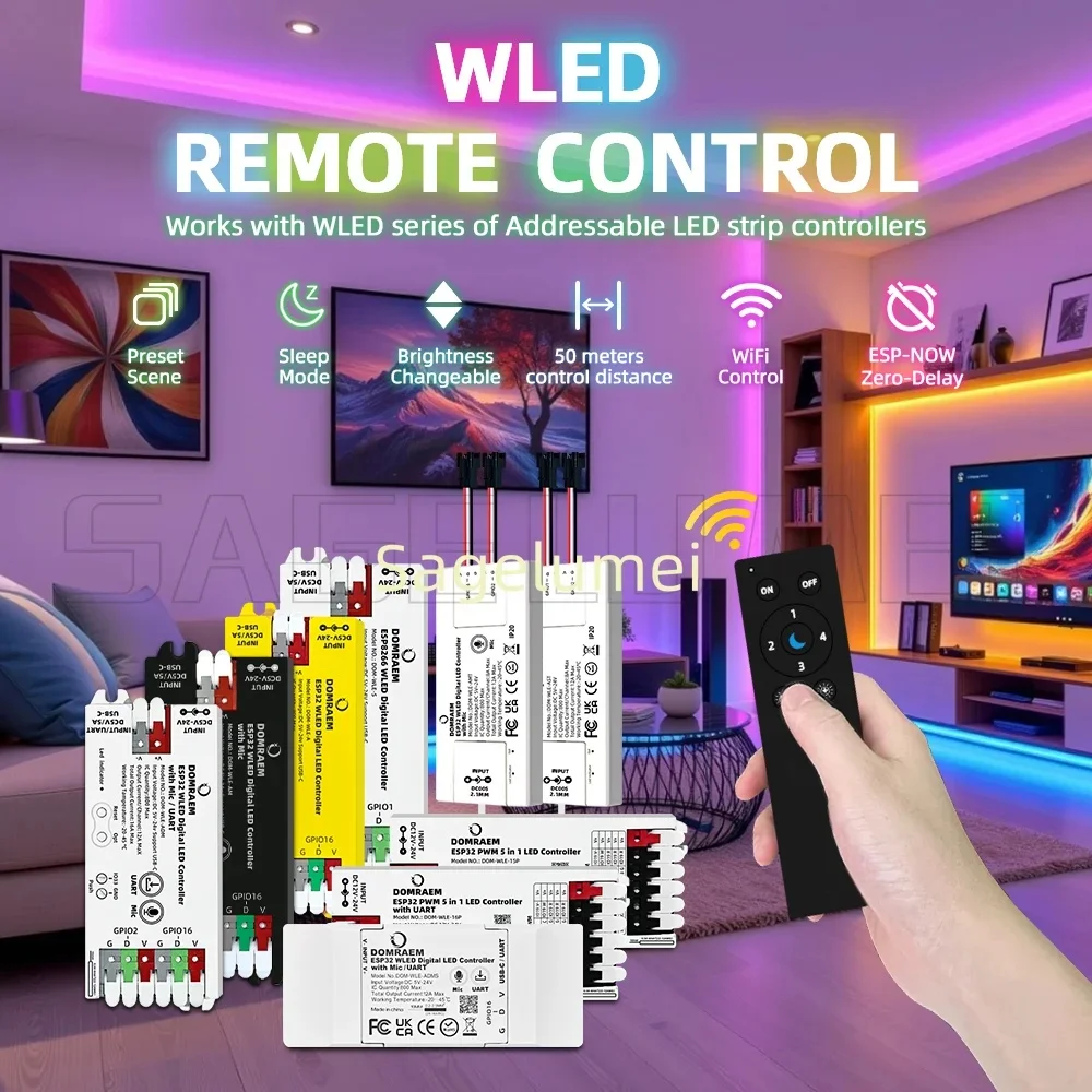 Фото Цифровой светодиодный контроллер DOMRAEM ESP8266/ESP32 USB-C WLED |   WS2814/12B/05/APA102 RGB IC-полоски |   Предохранитель 16А ~ 0,5 Вт в режиме ожидания | Микрофон УАРТ №1