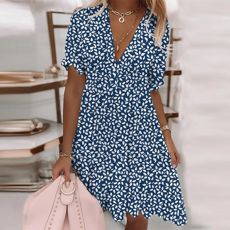 

Fashion V Neck Holiday Beach Loose Dresses Summer Short Sleeve Office Mini Dress Elegant Casual Pattern Print A-Line Short Dress